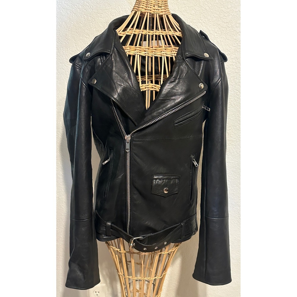 Deadwood Recycled Soft Leather Biker Jacket Black Moto Size Medium Recaimed